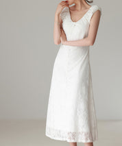 Aラインミモレ丈総レースワンピースsdp0279 ホワイト