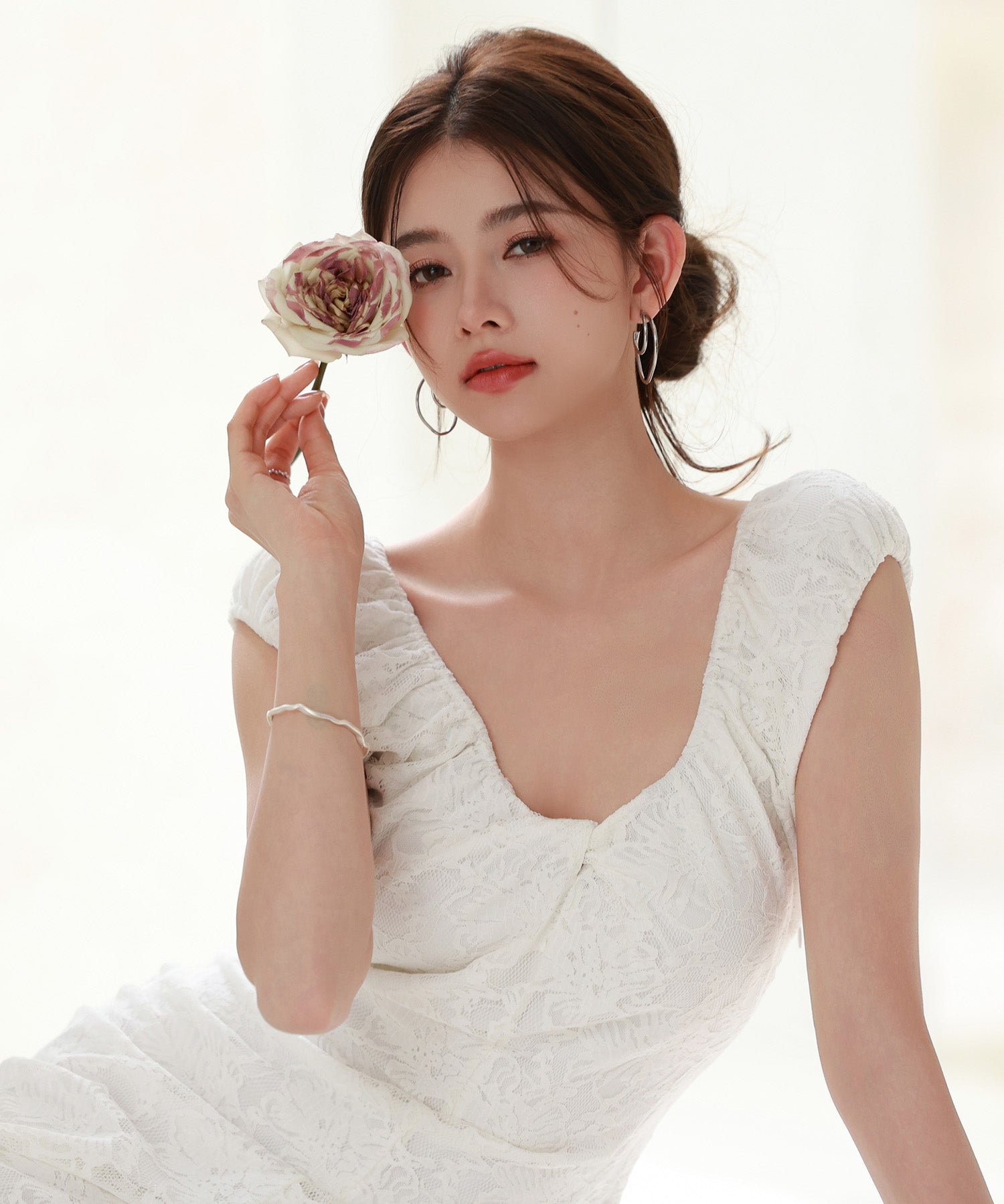 Aラインミモレ丈総レースワンピースsdp0279 ホワイト