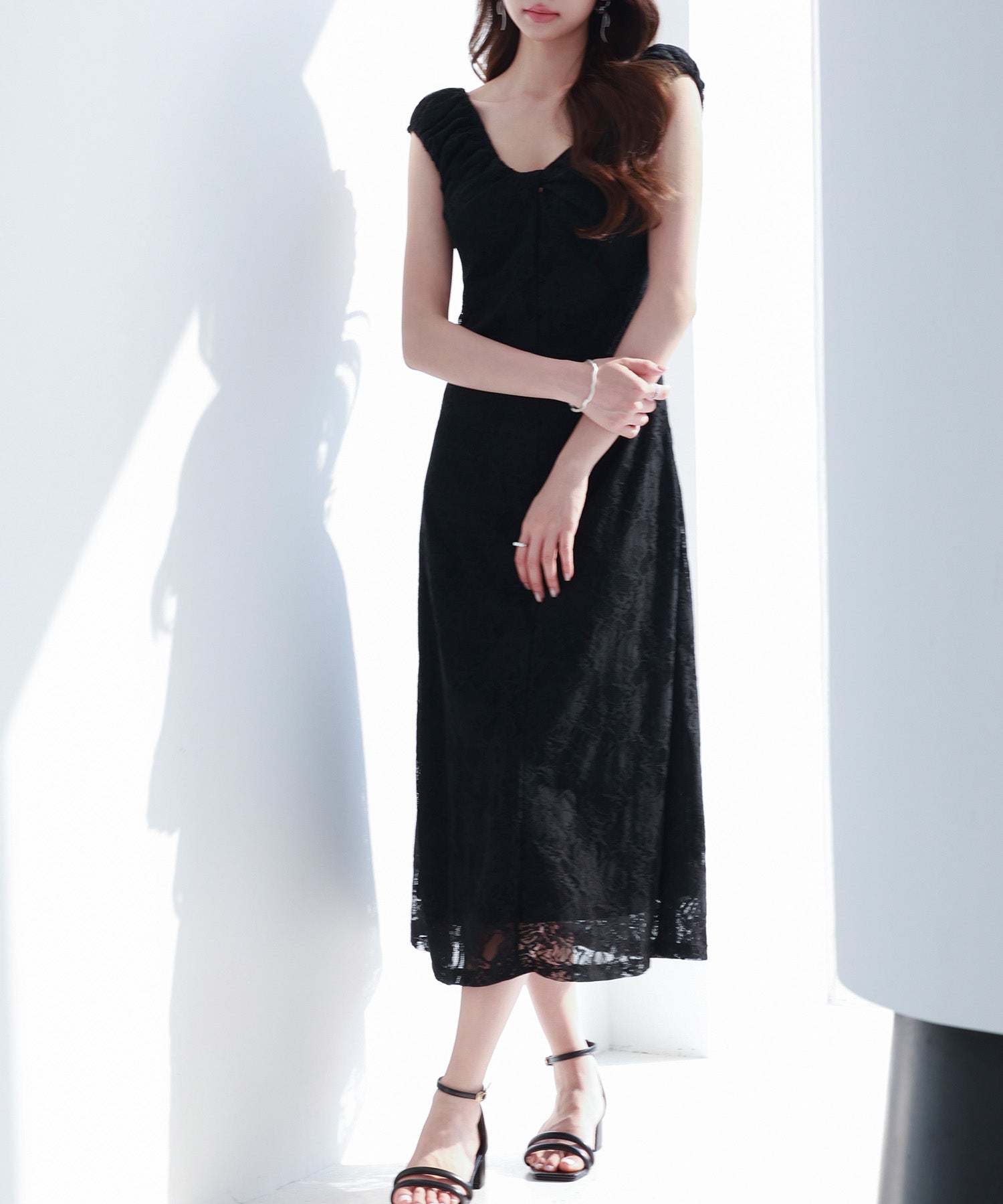 Aラインミモレ丈総レースワンピースsdp0279 ブラック