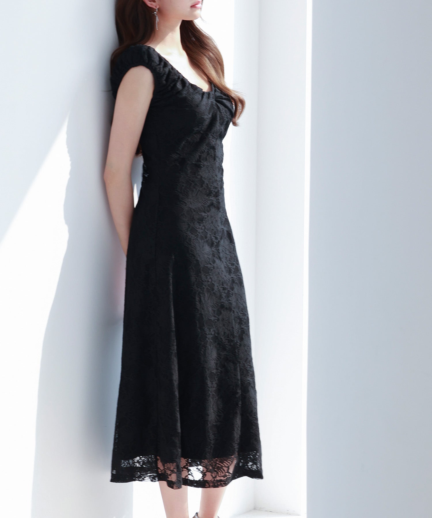 Aラインミモレ丈総レースワンピースsdp0279 ブラック