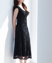 Aラインミモレ丈総レースワンピースsdp0279 ブラック