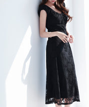 Aラインミモレ丈総レースワンピースsdp0279 ブラック