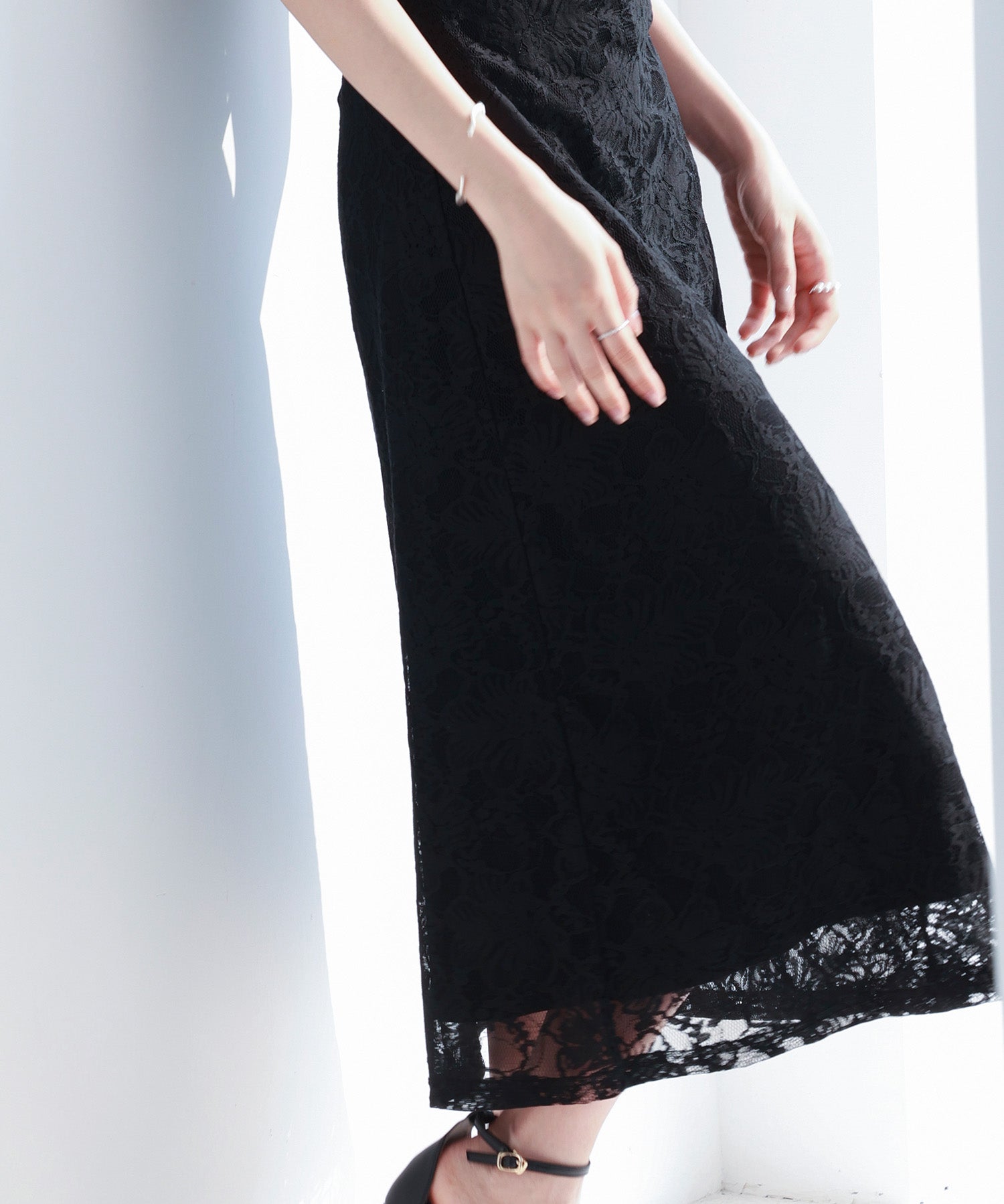 Aラインミモレ丈総レースワンピースsdp0279 ブラック