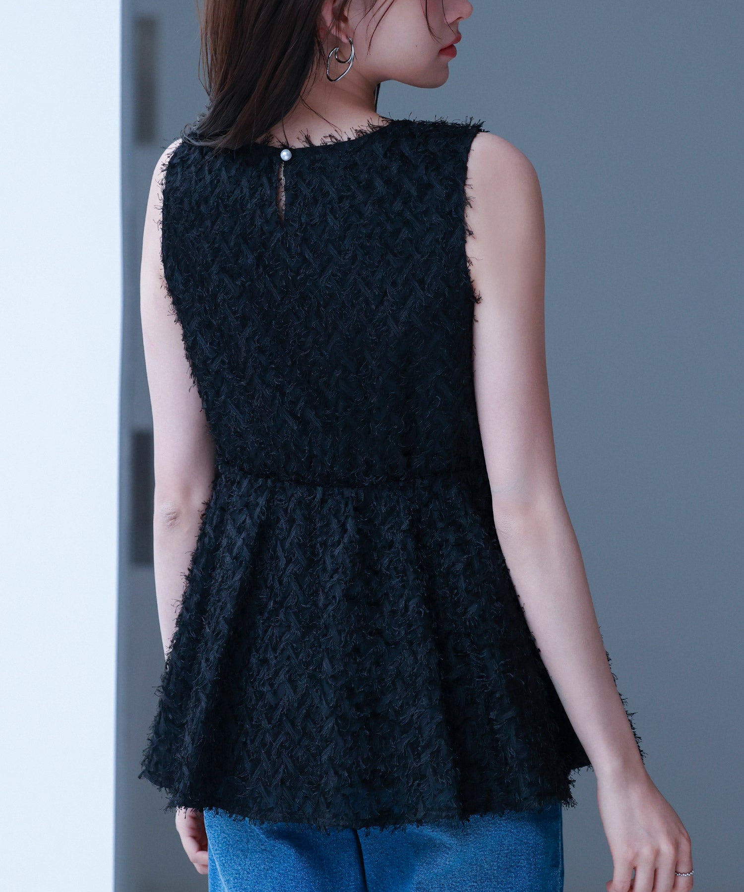 シャギー風ぺプラム裾ノースリーブトップスsdp0280 ブラック