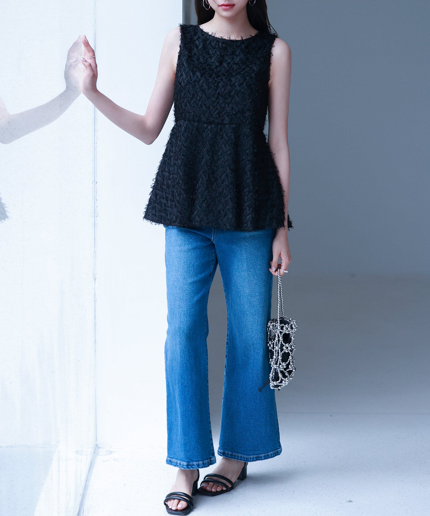 シャギー風ぺプラム裾ノースリーブトップスsdp0280 ブラック