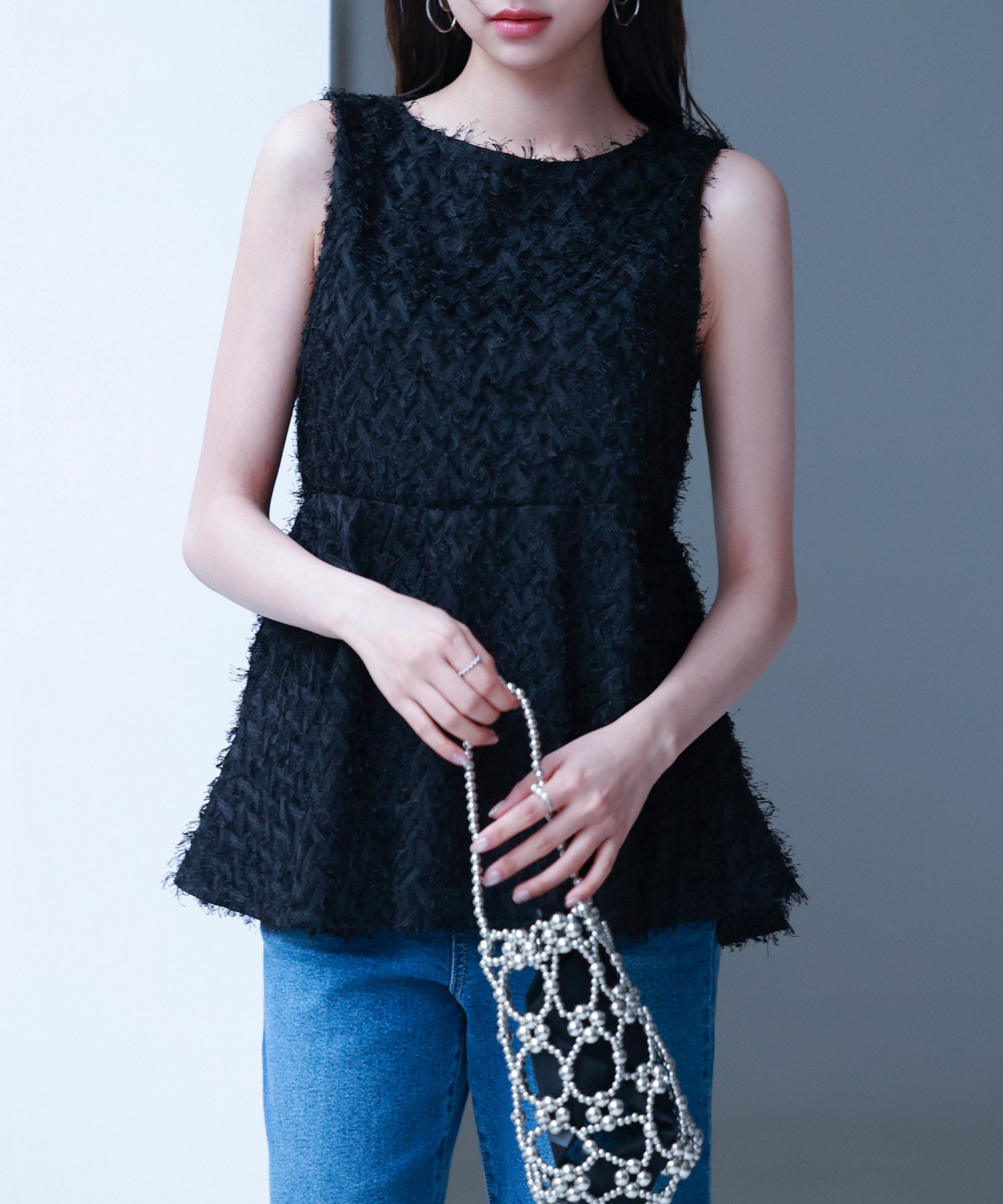 シャギー風ぺプラム裾ノースリーブトップスsdp0280 ブラック