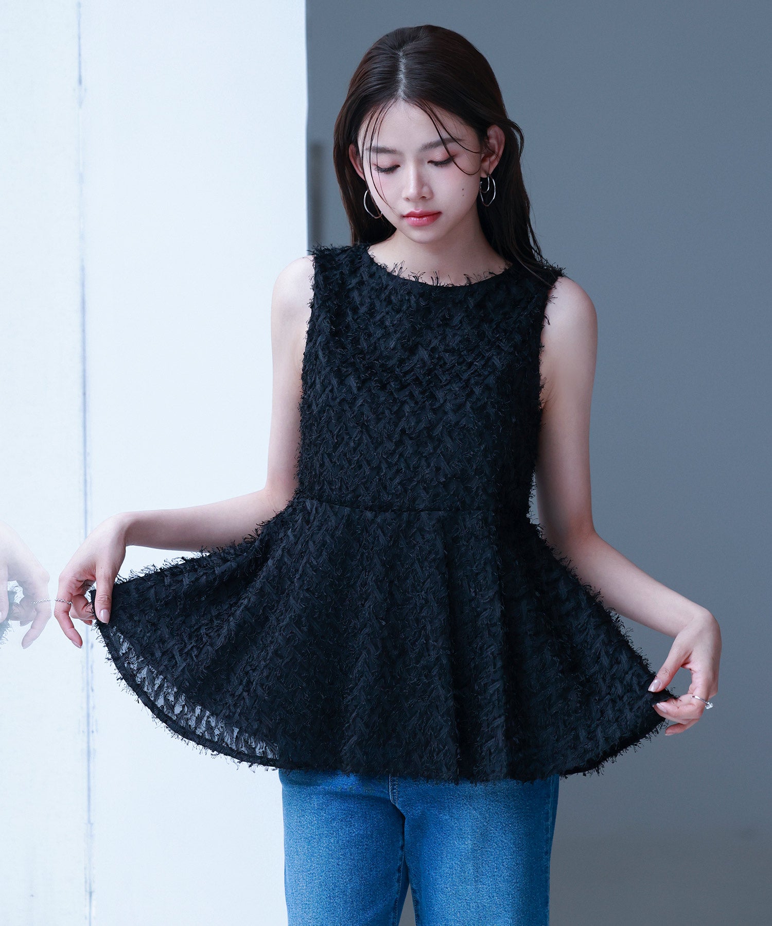 シャギー風ぺプラム裾ノースリーブトップスsdp0280 ブラック