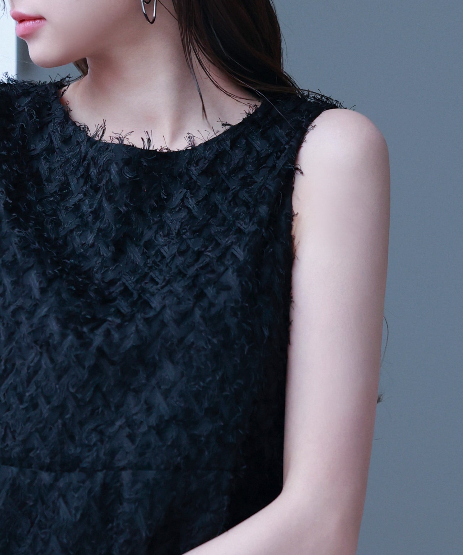 シャギー風ぺプラム裾ノースリーブトップスsdp0280 ブラック