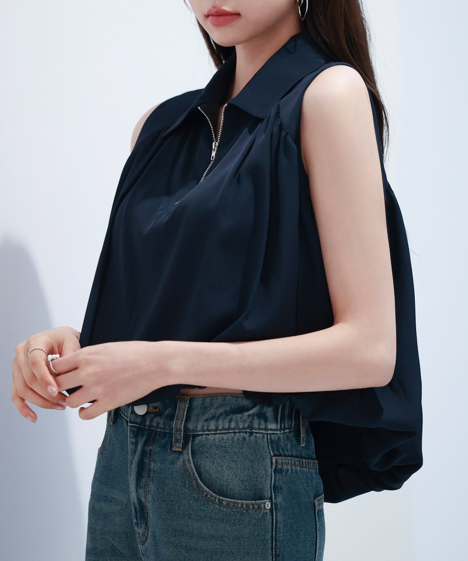 ジッパーノースリーブシャツブラウスsdp0281 ネイビー