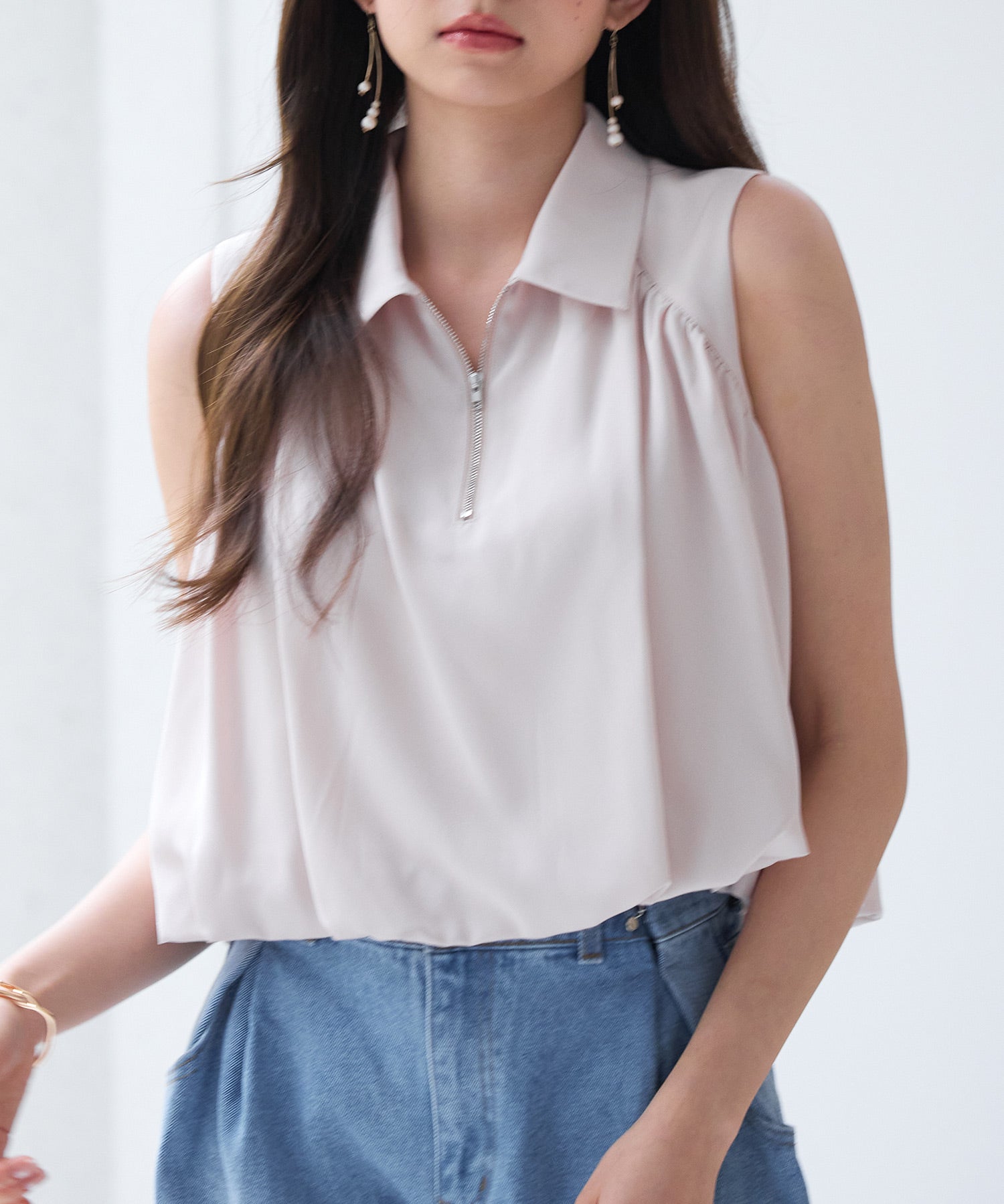 ジッパーノースリーブシャツブラウスsdp0281 ピンクベージュ