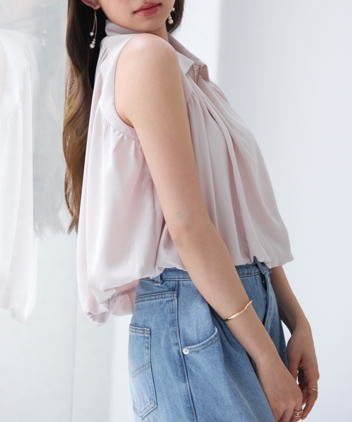 ジッパーノースリーブシャツブラウスsdp0281 ピンクベージュ