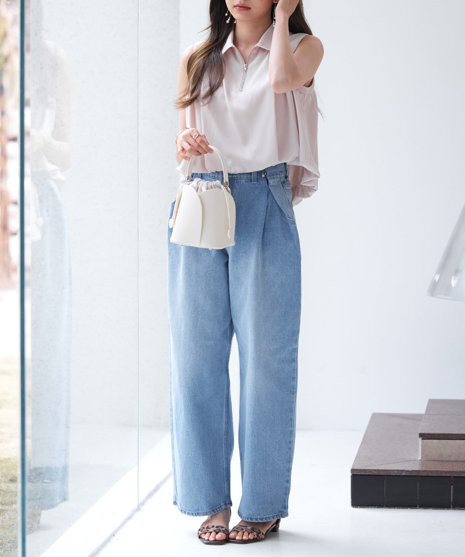 ジッパーノースリーブシャツブラウスsdp0281 ピンクベージュ