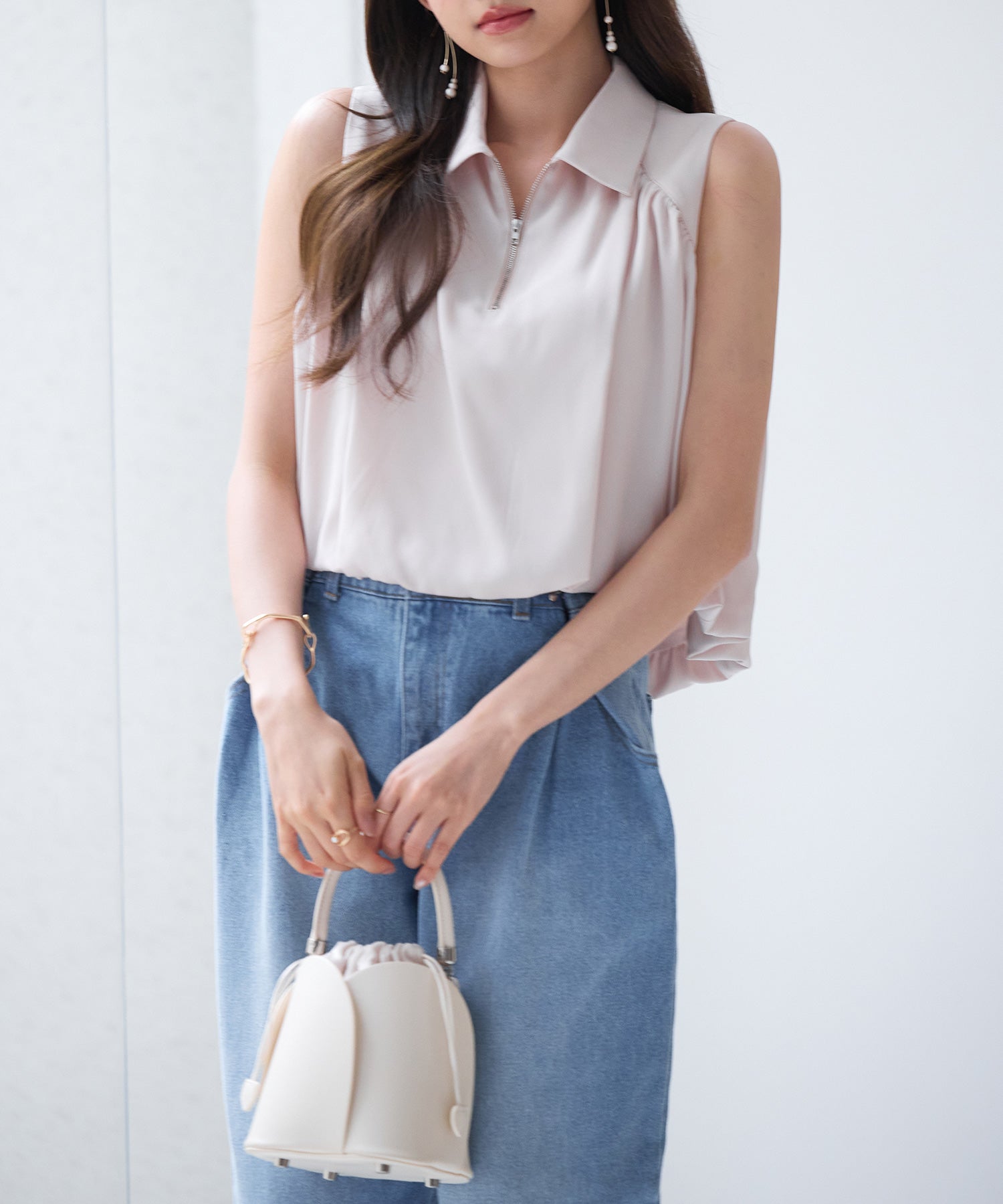 ジッパーノースリーブシャツブラウスsdp0281 ピンクベージュ