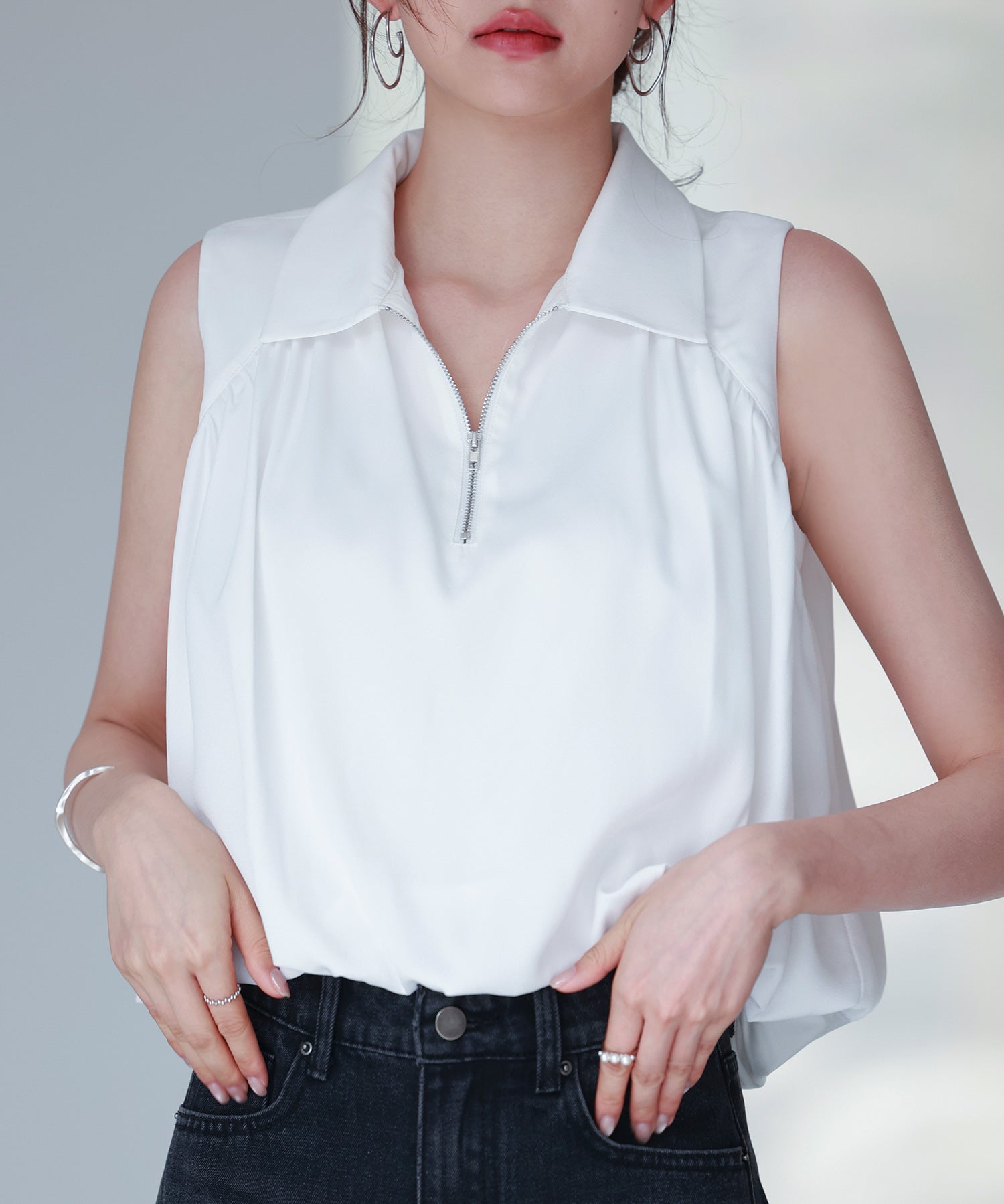 ジッパーノースリーブシャツブラウスsdp0281 ホワイト