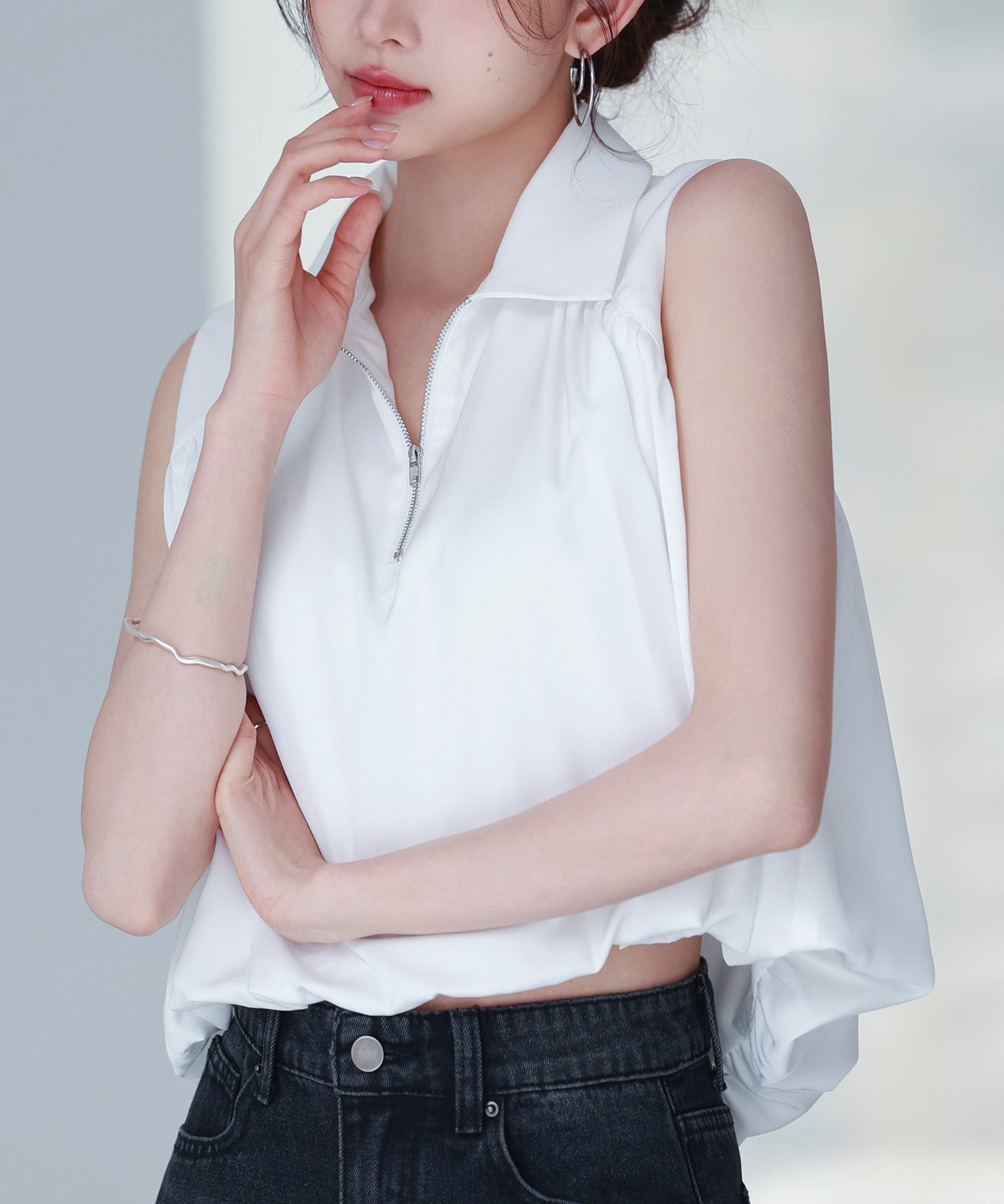 ジッパーノースリーブシャツブラウスsdp0281 ホワイト