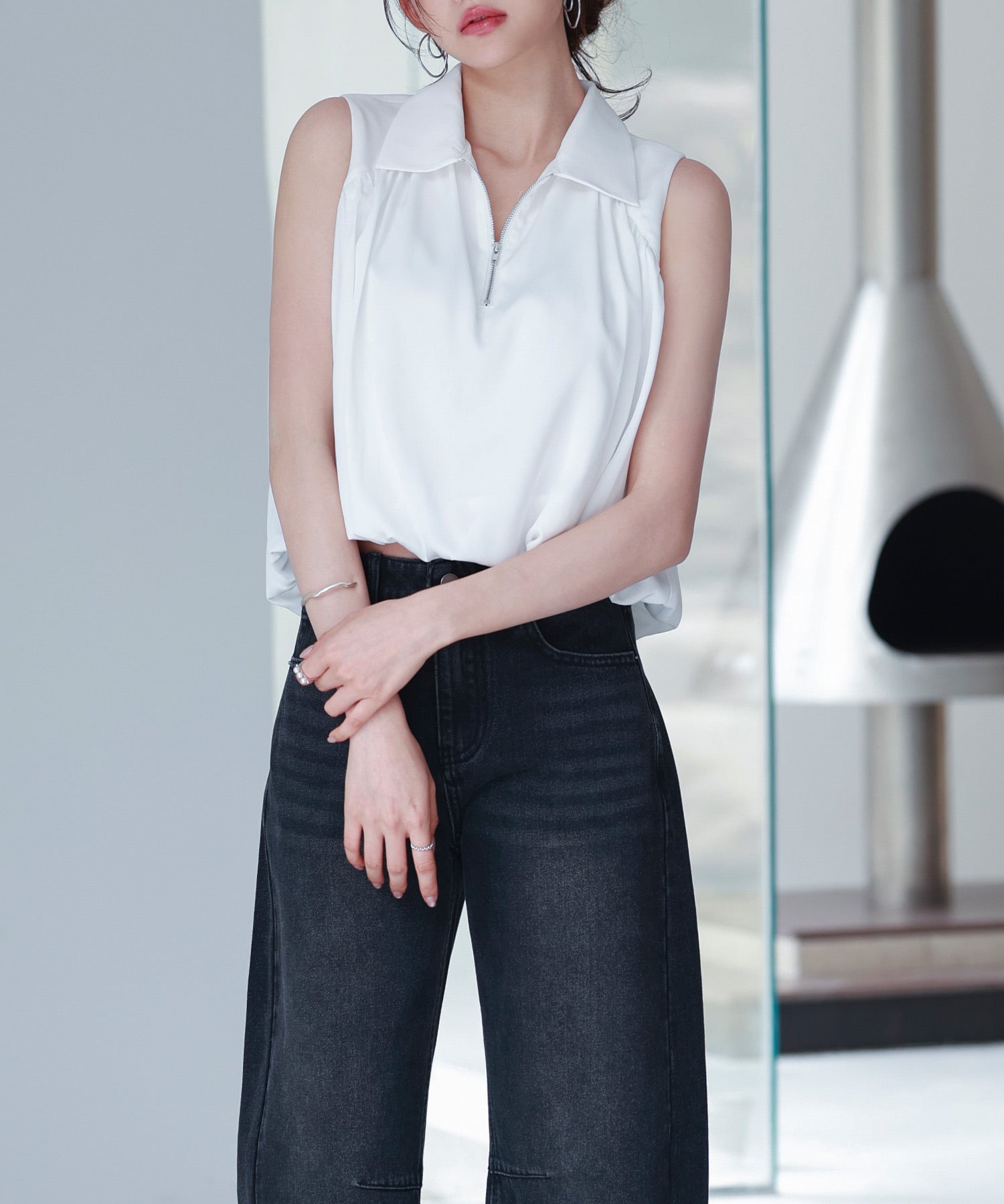 ジッパーノースリーブシャツブラウスsdp0281 ホワイト