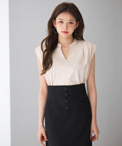 スタンドキーネックタックカットソートップスsdp0282 ベージュ