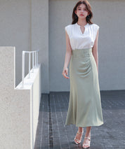 スタンドキーネックタックカットソートップスsdp0282 ホワイト