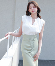 スタンドキーネックタックカットソートップスsdp0282 ホワイト