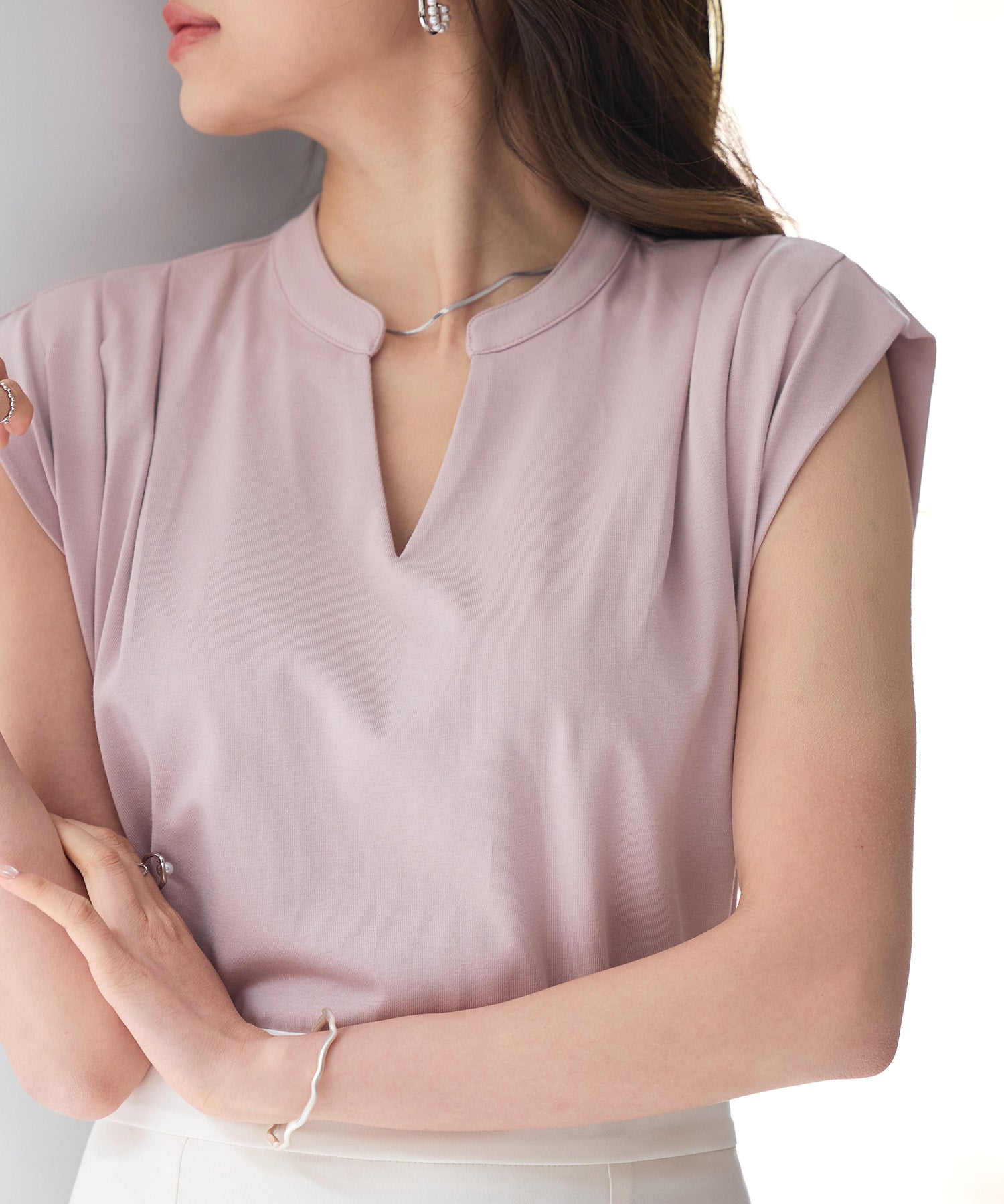 スタンドキーネックタックカットソートップスsdp0282 ピンク