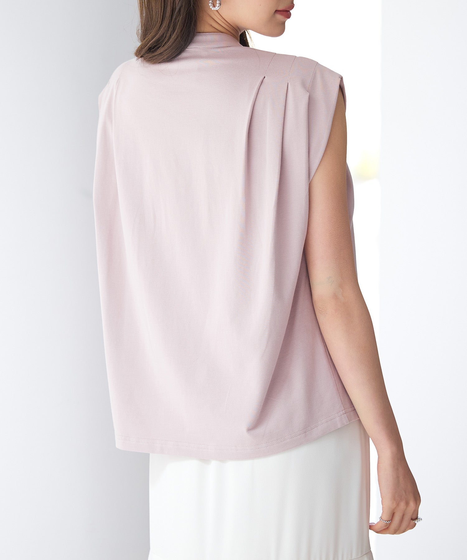 スタンドキーネックタックカットソートップスsdp0282 ピンク