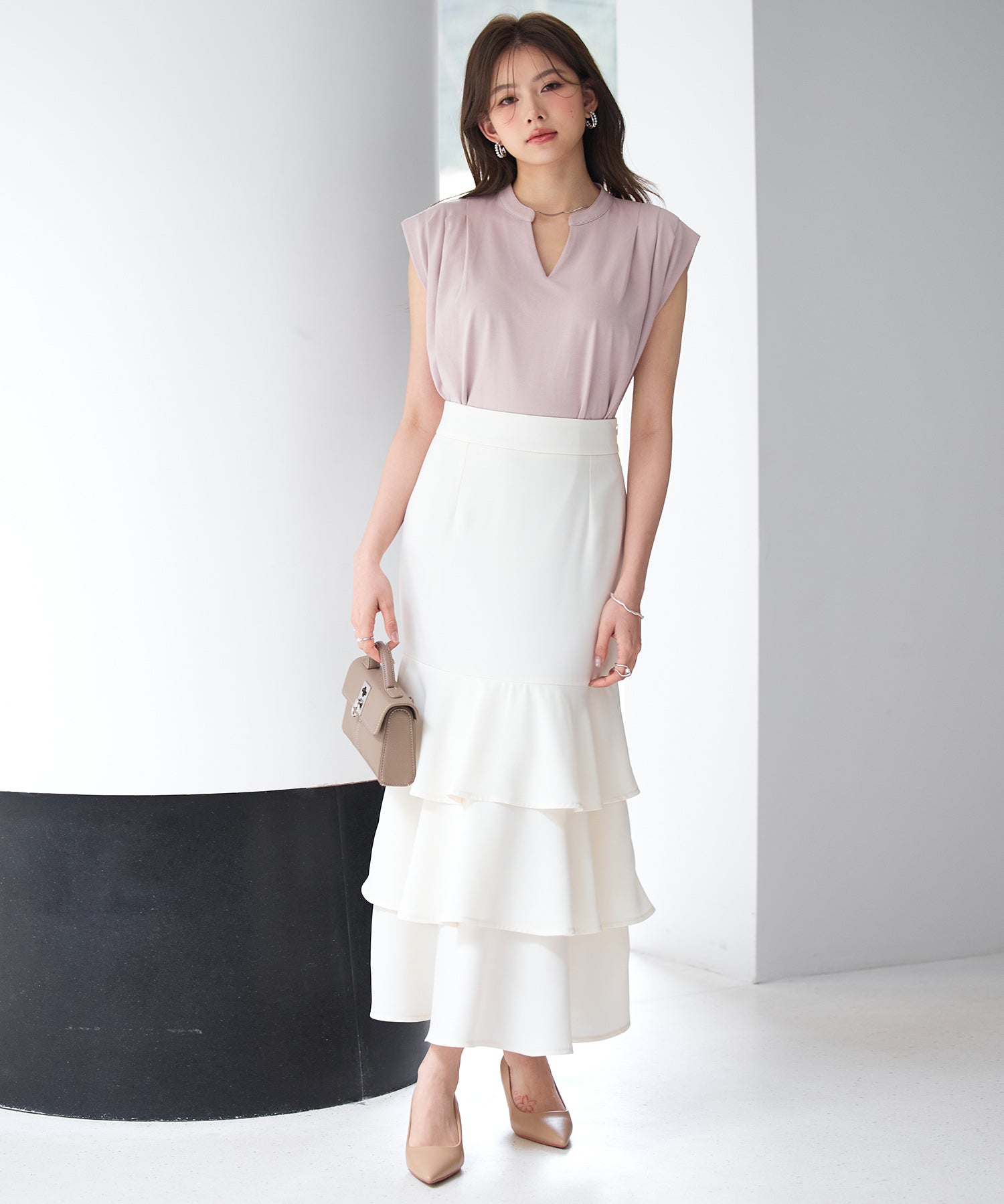 スタンドキーネックタックカットソートップスsdp0282 ピンク