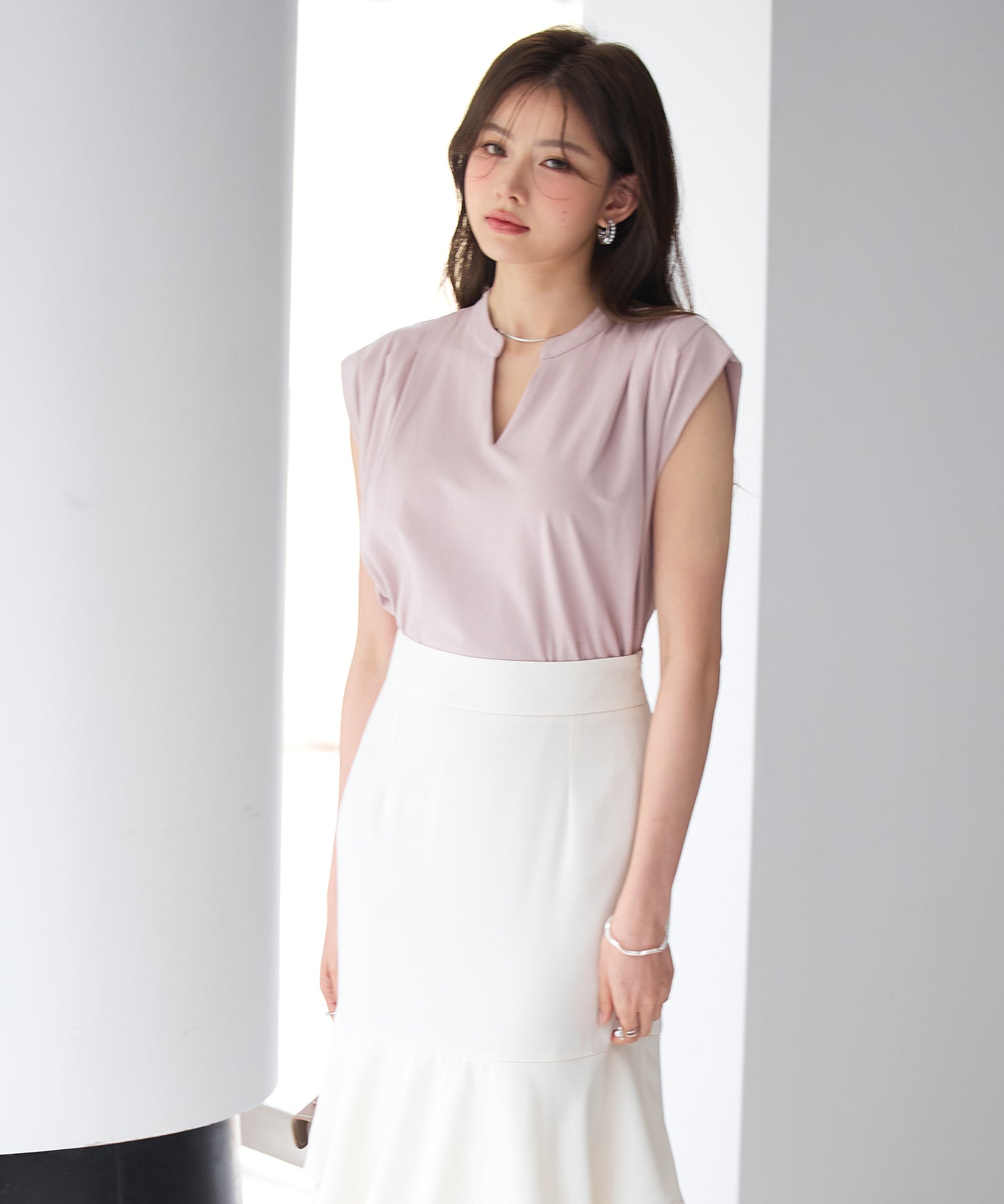 スタンドキーネックタックカットソートップスsdp0282 ピンク