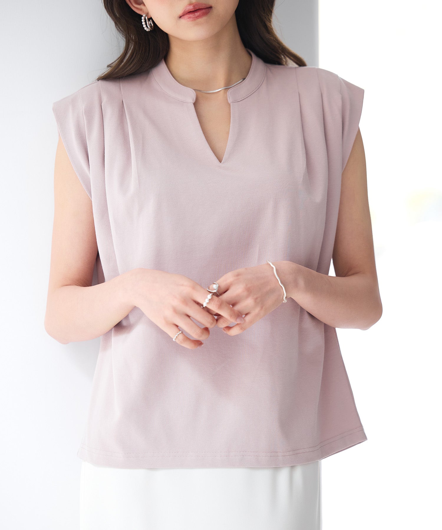 スタンドキーネックタックカットソートップスsdp0282 ピンク