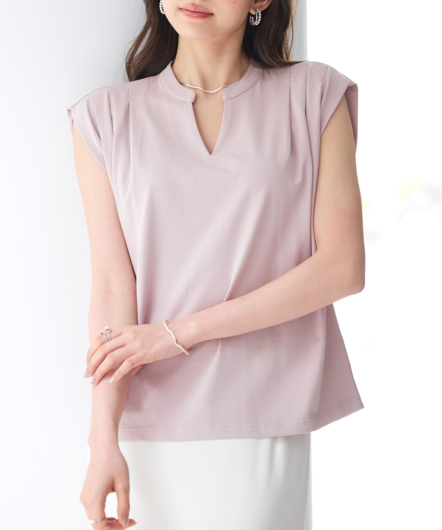 スタンドキーネックタックカットソートップスsdp0282 ピンク