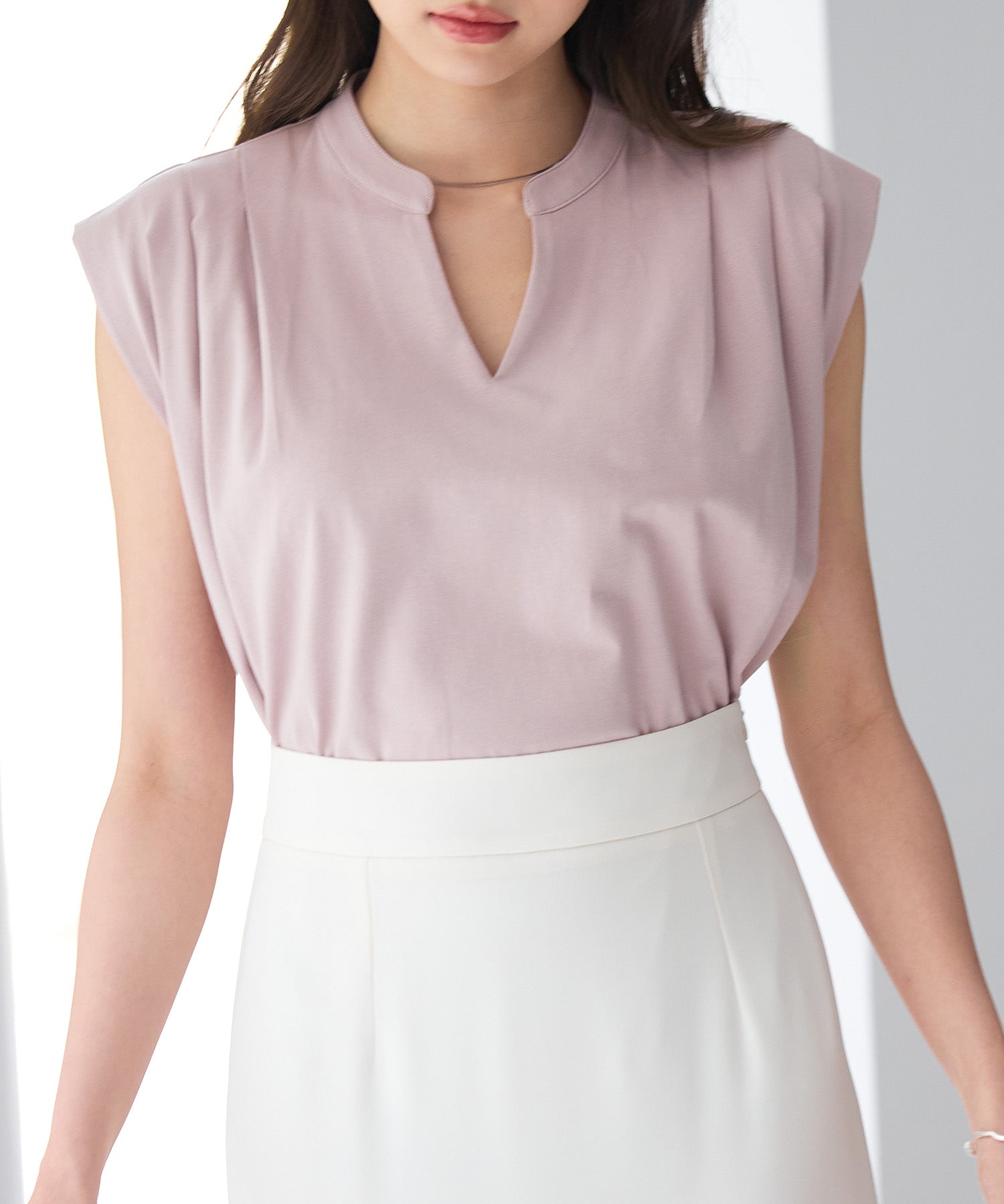 スタンドキーネックタックカットソートップスsdp0282 ピンク