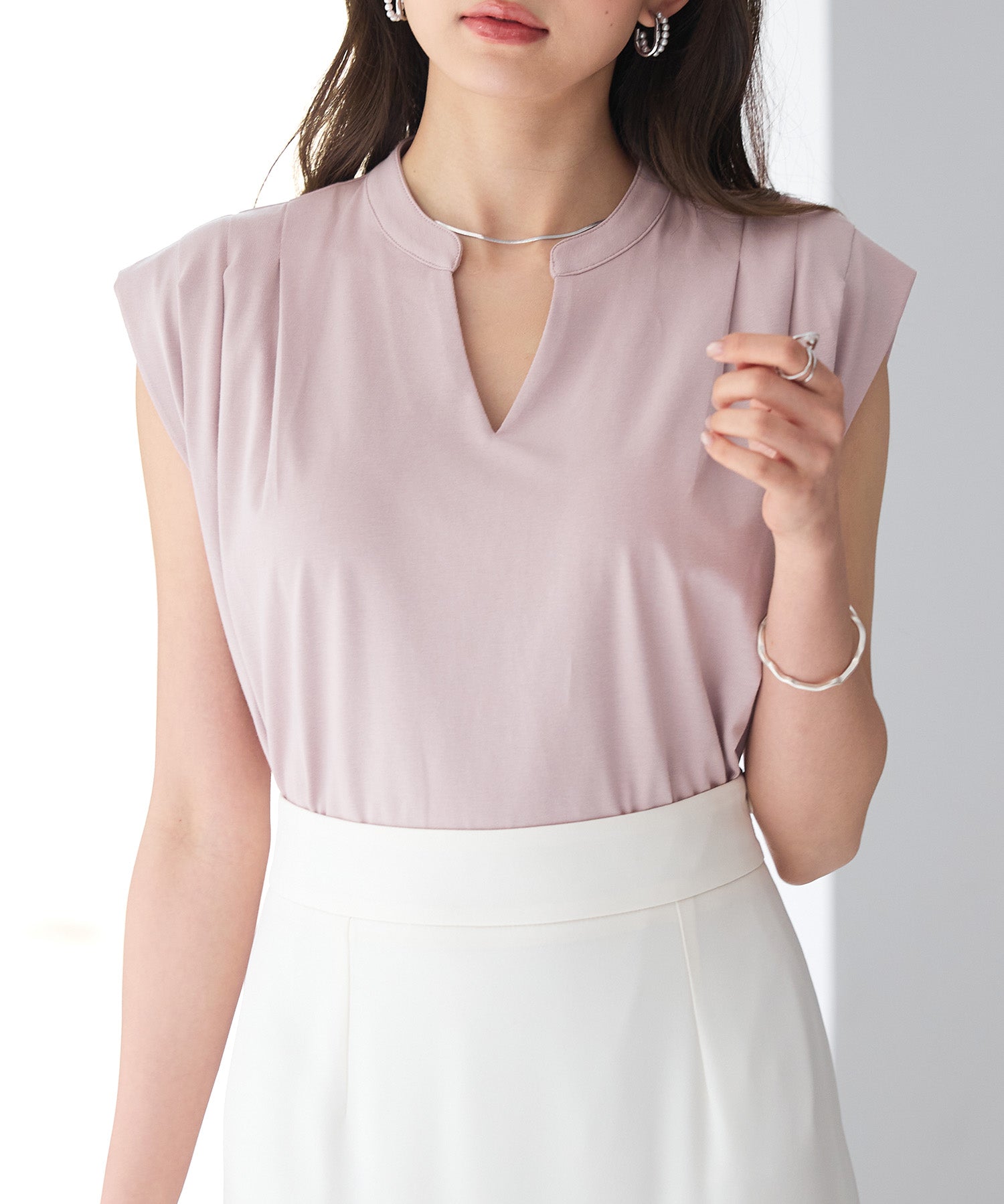 スタンドキーネックタックカットソートップスsdp0282 ピンク