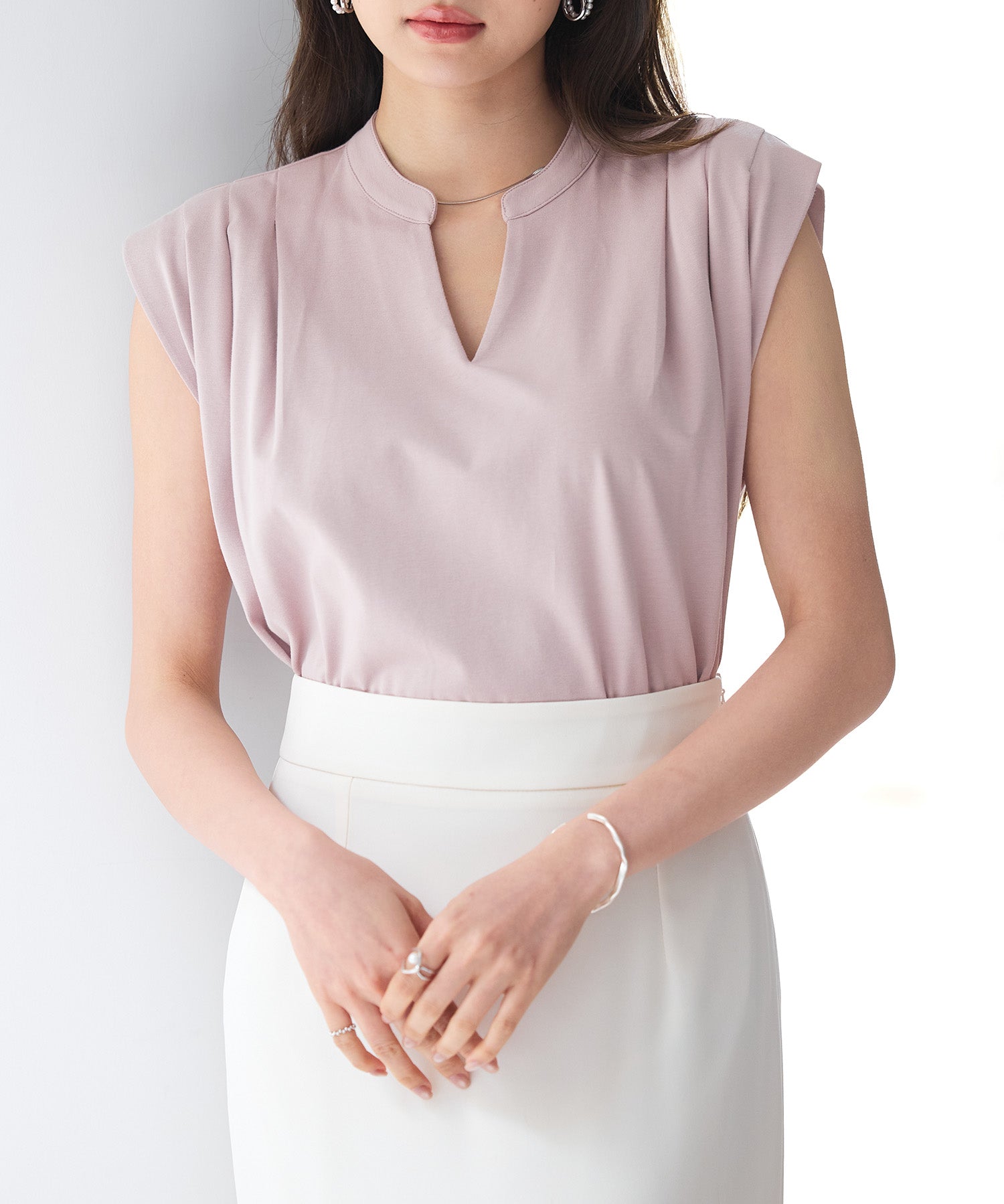 スタンドキーネックタックカットソートップスsdp0282 ピンク