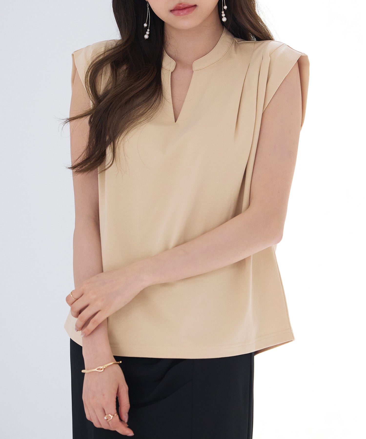 スタンドキーネックタックカットソートップスsdp0282 ライトブラウン