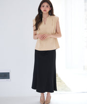 スタンドキーネックタックカットソートップスsdp0282 ライトブラウン