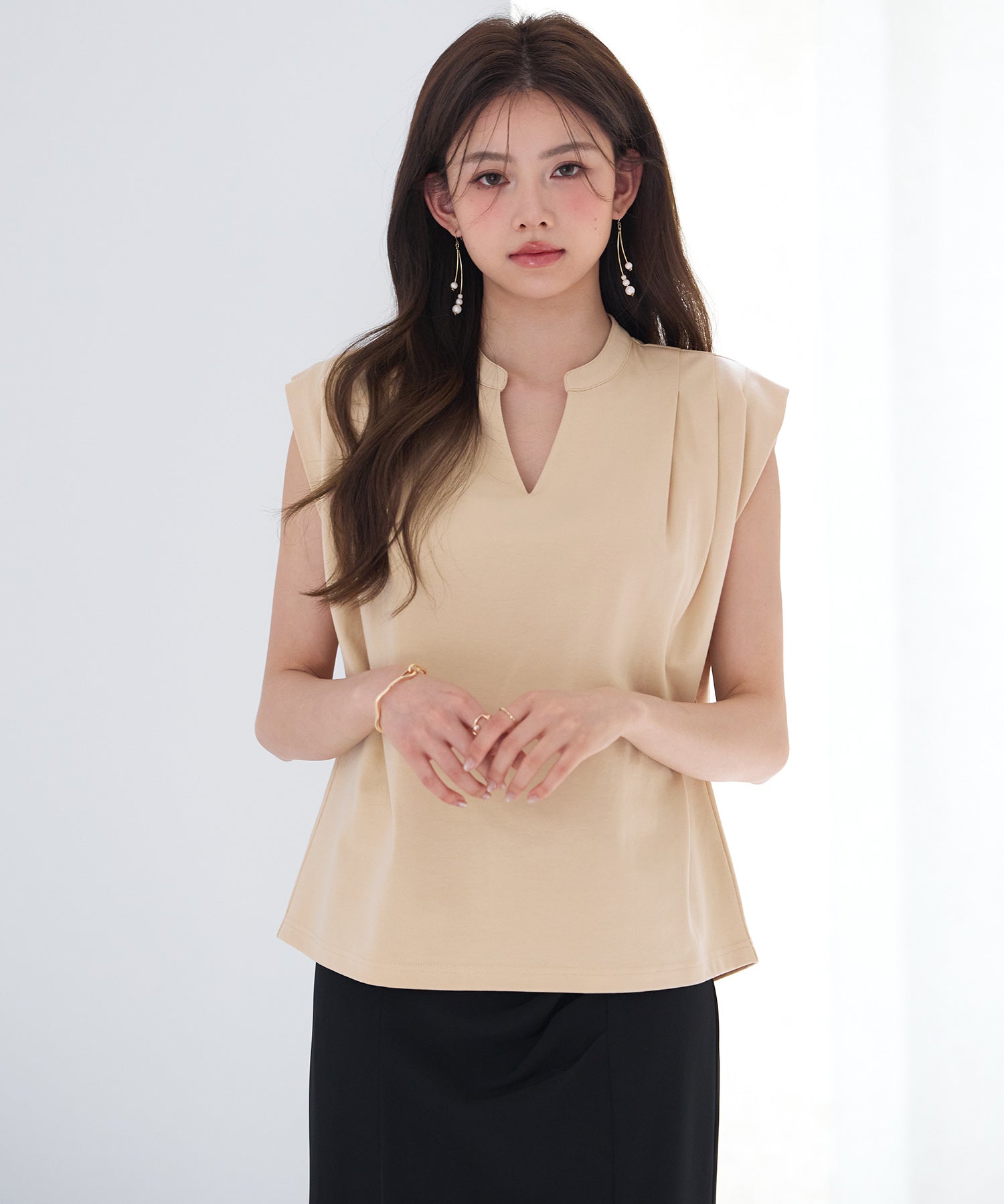 スタンドキーネックタックカットソートップスsdp0282 ライトブラウン