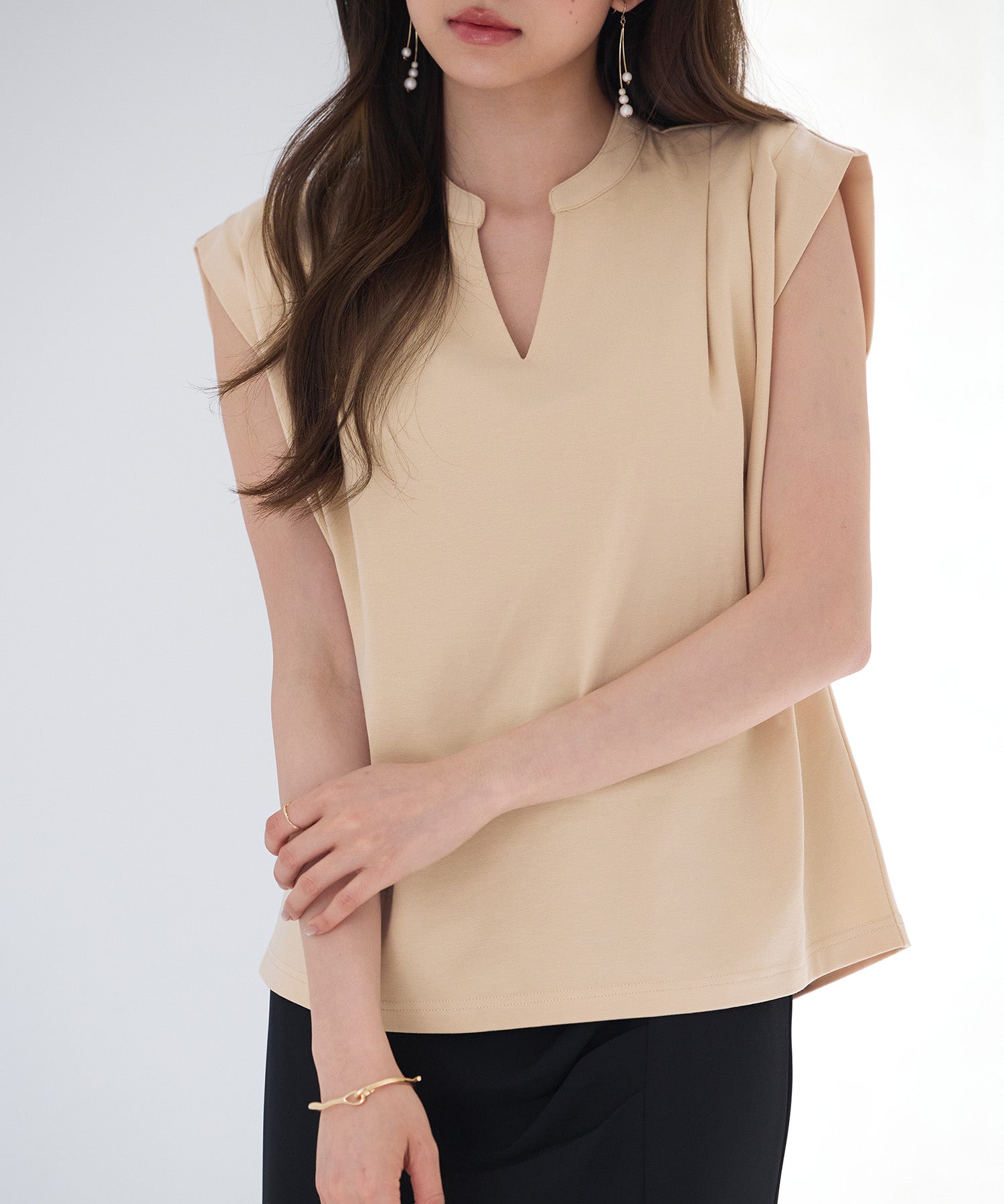 スタンドキーネックタックカットソートップスsdp0282 ライトブラウン