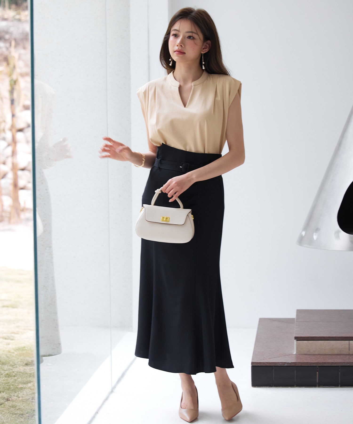 スタンドキーネックタックカットソートップスsdp0282 ライトブラウン