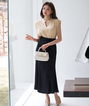 スタンドキーネックタックカットソートップスsdp0282 ライトブラウン