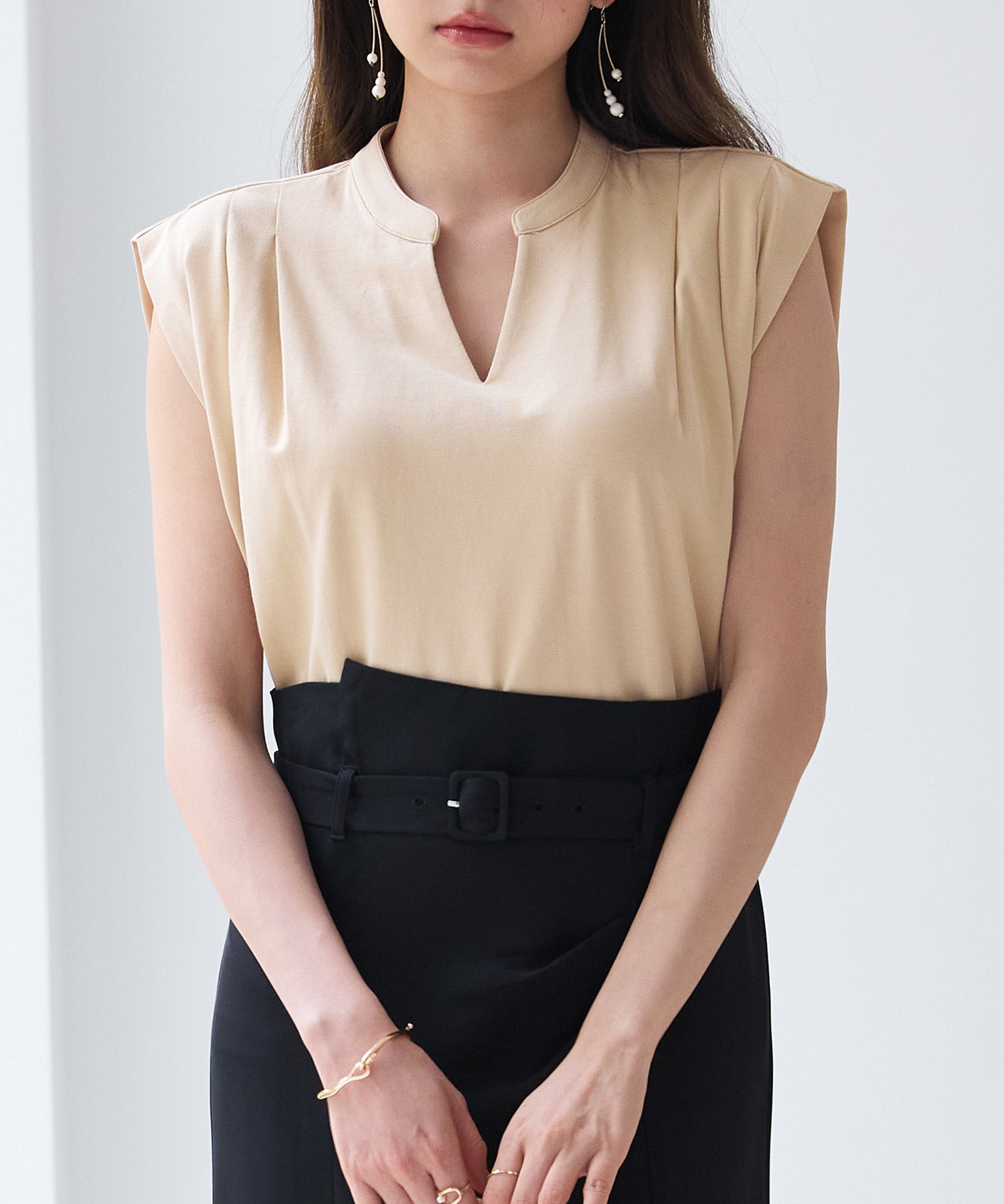 スタンドキーネックタックカットソートップスsdp0282 ライトブラウン