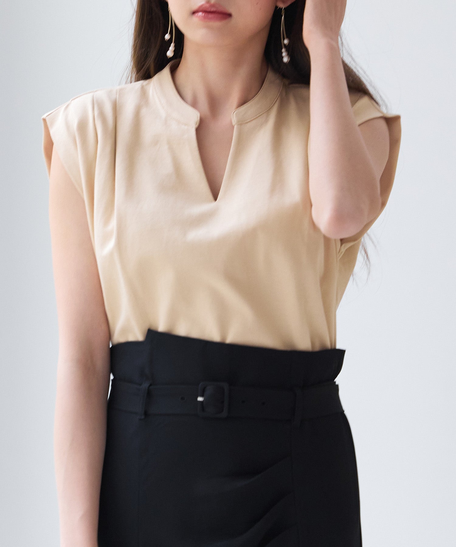 スタンドキーネックタックカットソートップスsdp0282 ライトブラウン