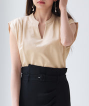 スタンドキーネックタックカットソートップスsdp0282 ライトブラウン