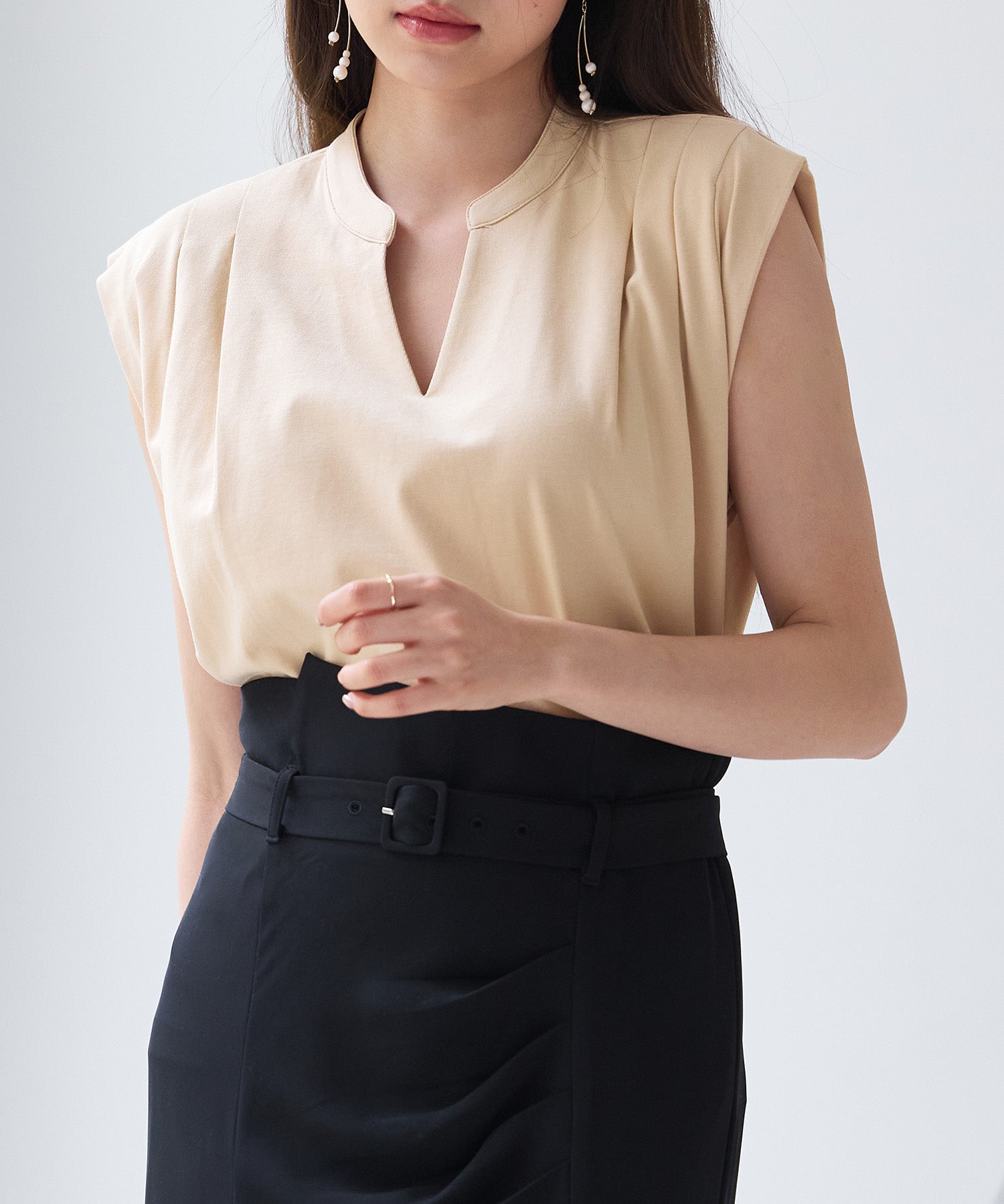 スタンドキーネックタックカットソートップスsdp0282 ライトブラウン