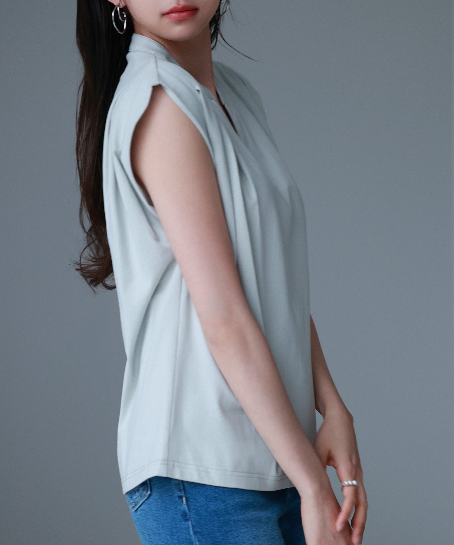 スタンドキーネックタックカットソートップスsdp0282 ミント