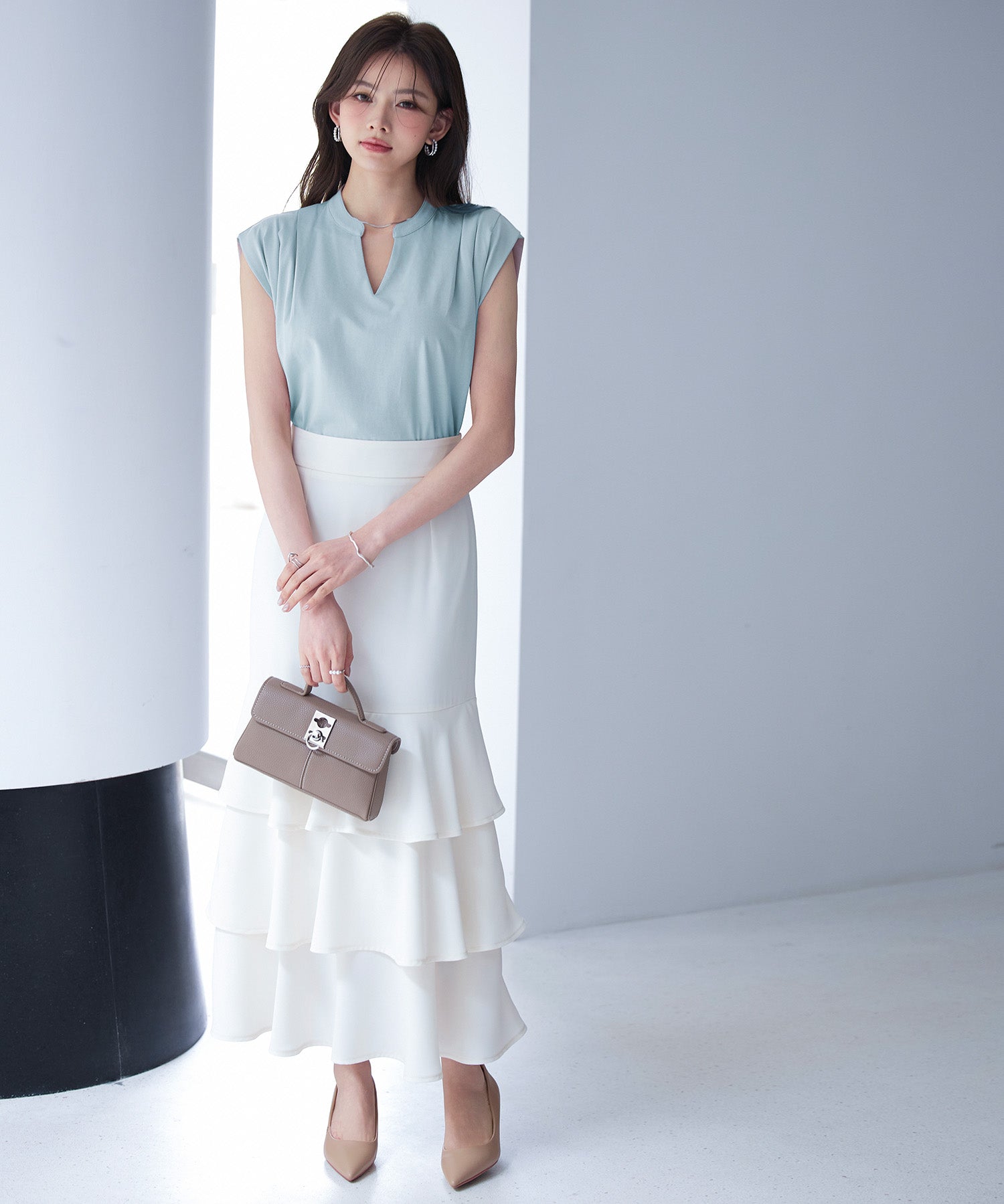 スタンドキーネックタックカットソートップスsdp0282 ミント