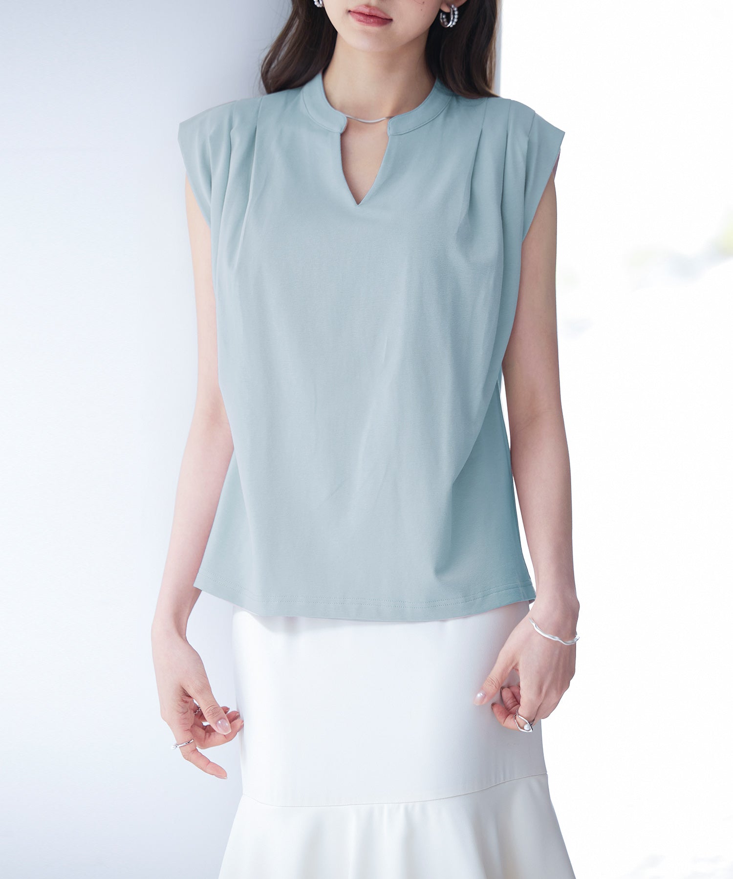 スタンドキーネックタックカットソートップスsdp0282 ミント