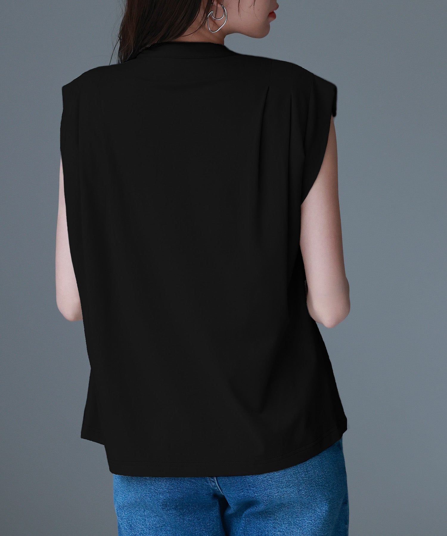 スタンドキーネックタックカットソートップスsdp0282 ブラック