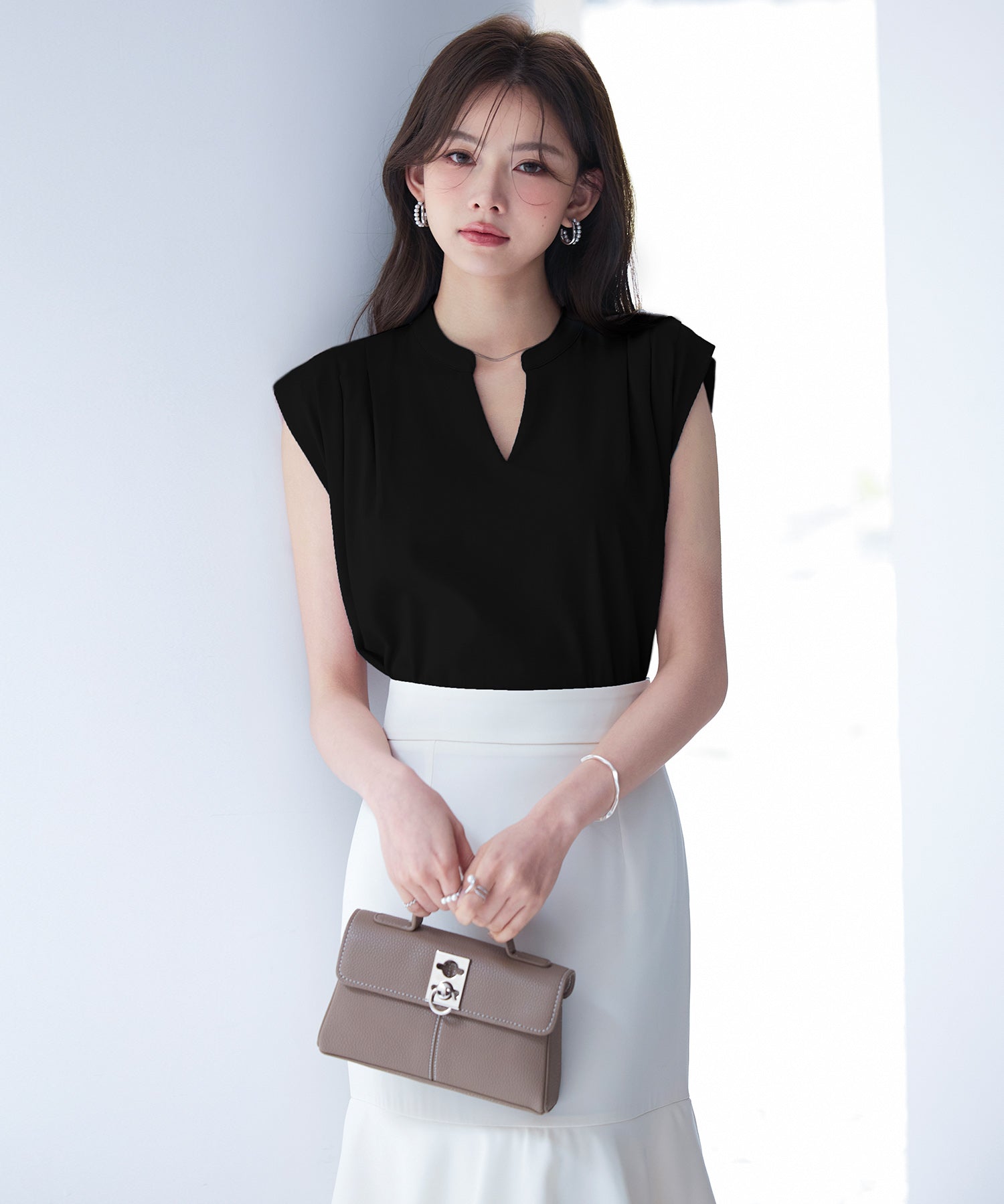 スタンドキーネックタックカットソートップスsdp0282 ブラック