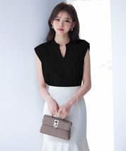 スタンドキーネックタックカットソートップスsdp0282 ブラック