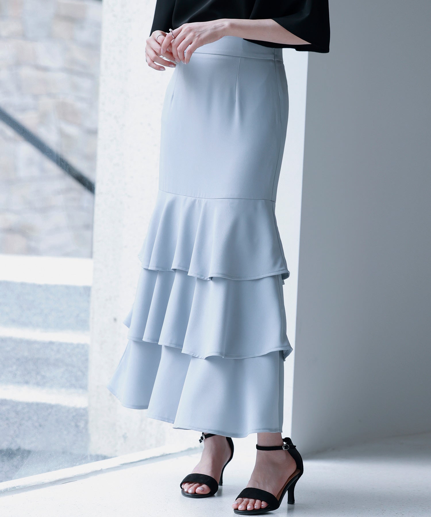 フリルティアードロング丈スカートsdp0283 ブルーグレー
