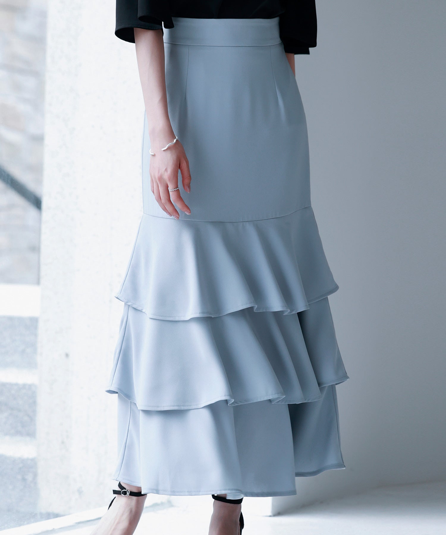 フリルティアードロング丈スカートsdp0283 ブルーグレー